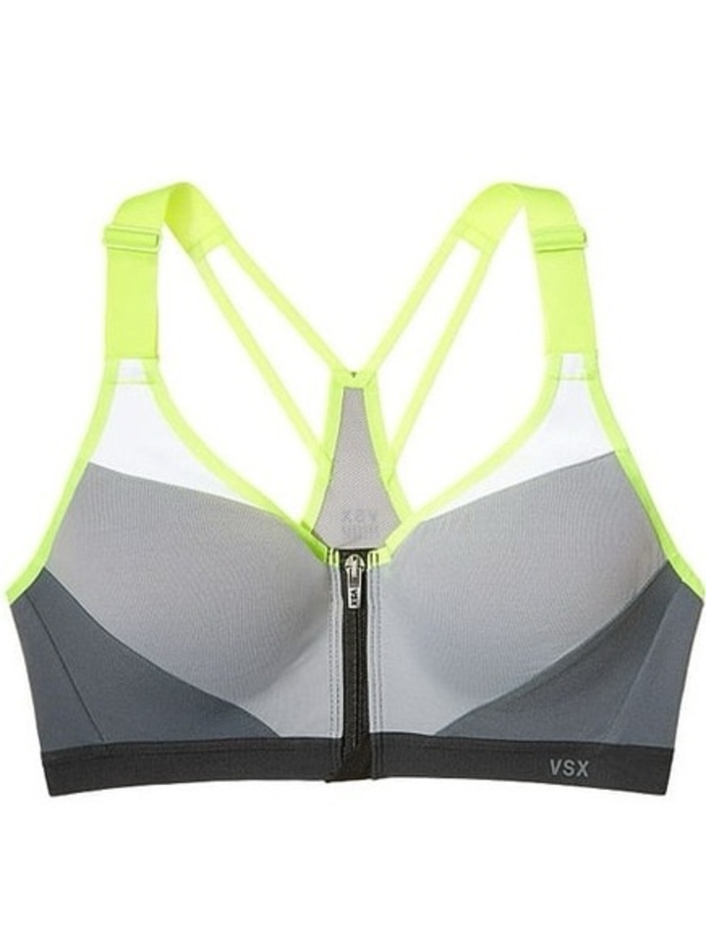 VSX Front-Zip Sports Bra in Neon Yellow and Gray 34C